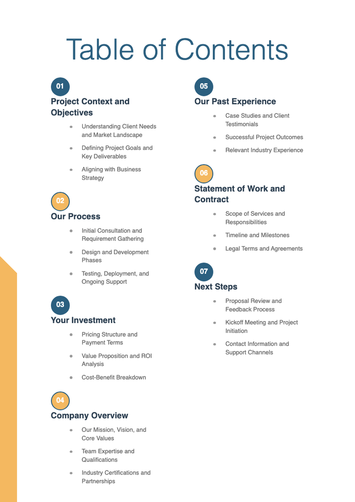 Professional proposal table of contents with numbered sections and circular design elements_variant_2